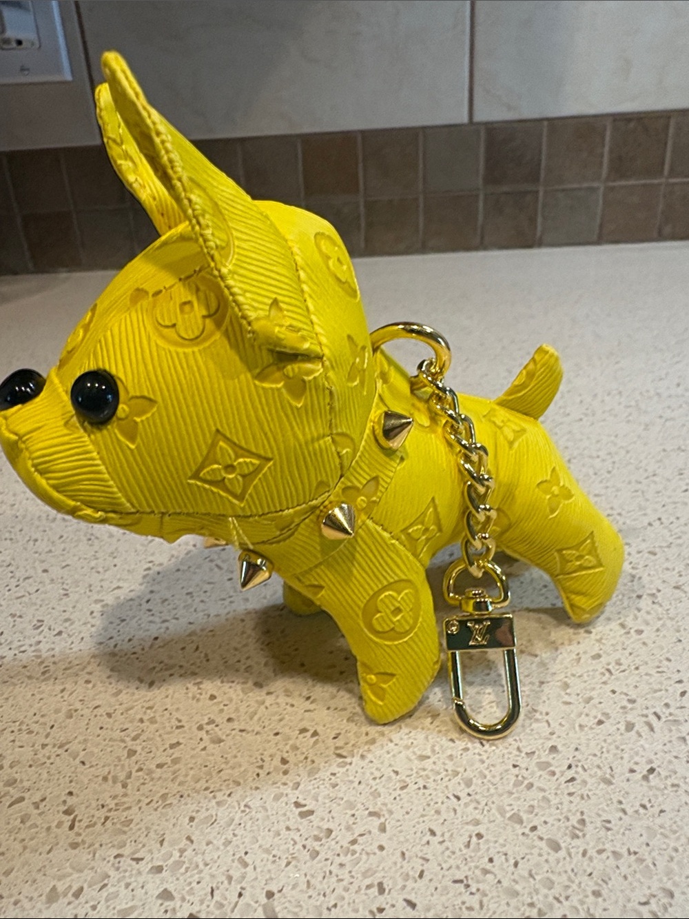 Designer Like Yellow Embossed PU Leather Bag Charm/Keychain Gold Hardware